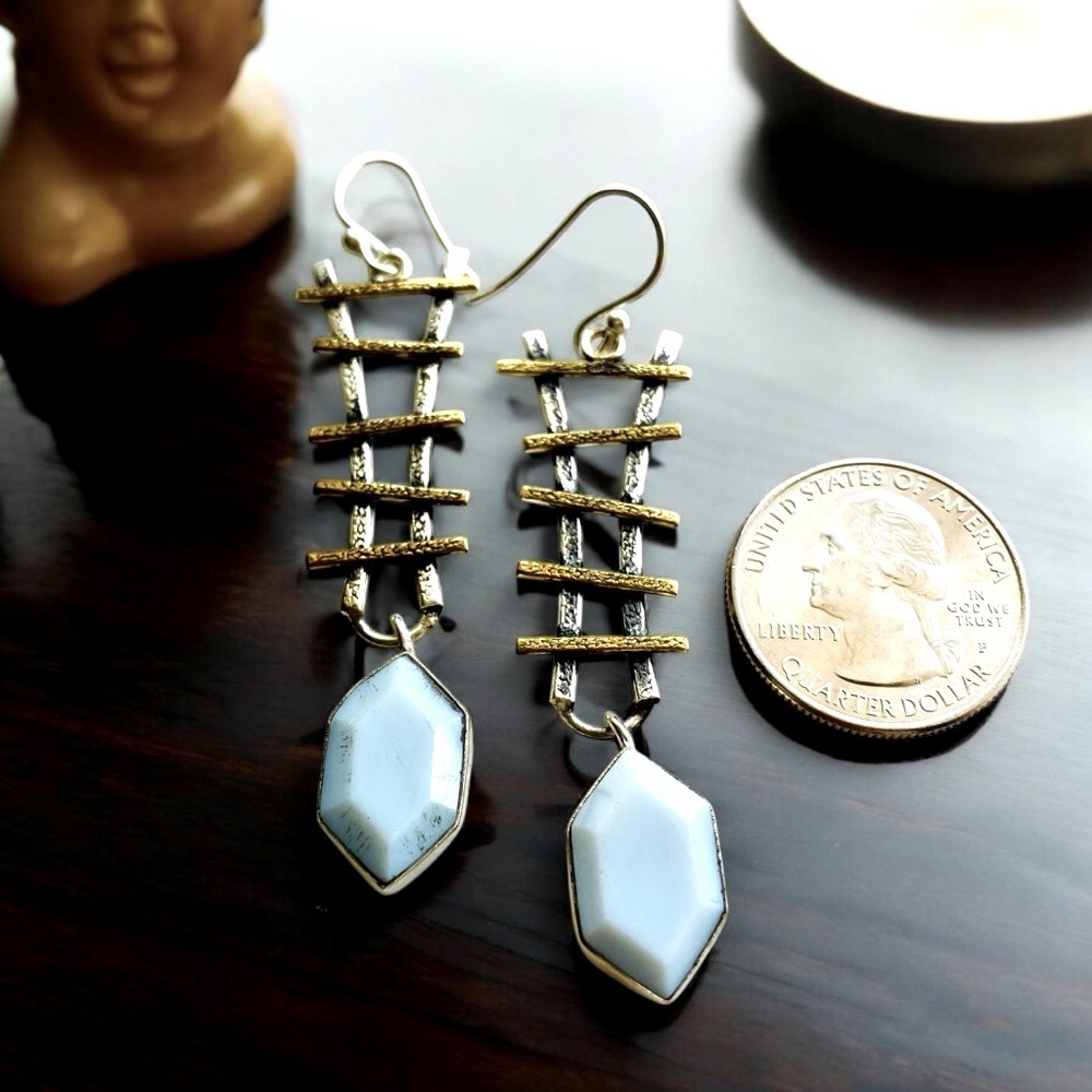 Pale Blue Owyhee Opal Ladder Earrings, SS